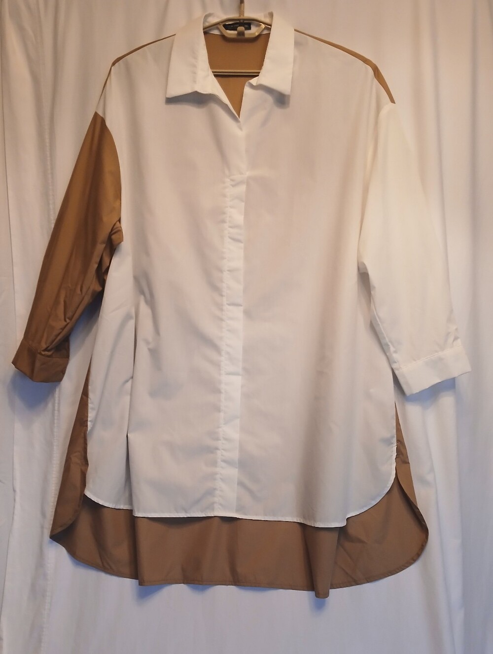 New! SHEIN White & Tan Long Sleeve Cotton Blend High Low Shirt Dress 3X NWOT